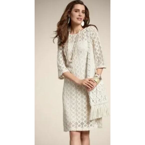 Chico's Dress Women 1 Medium Blue Solid Crochet Camille Enchanted Teal Disco - Picture 3 of 9